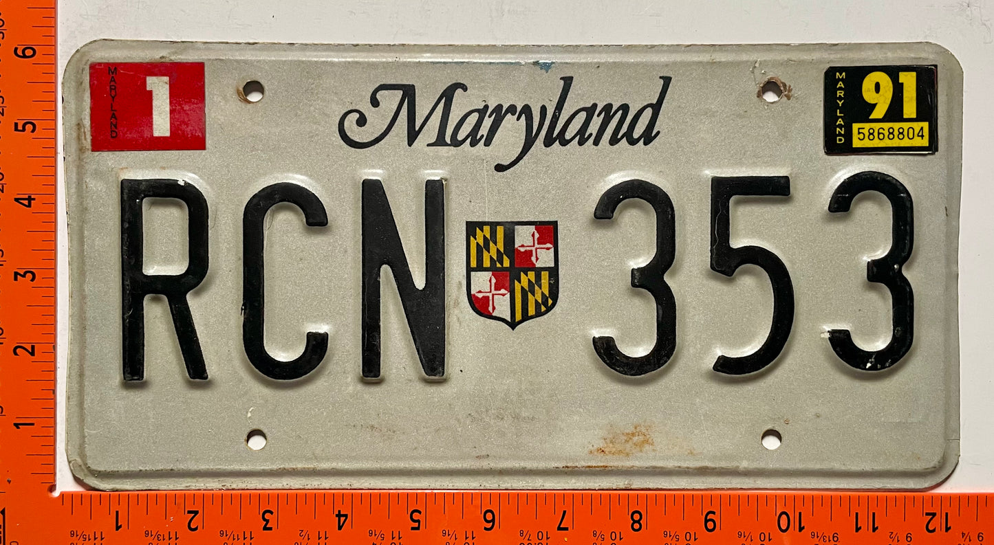 1991 Maryland #RCN 353 Passenger License Plate