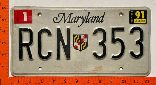 1991 Maryland #RCN 353 Passenger License Plate