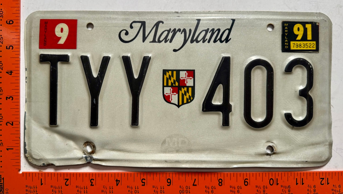 1991 Maryland #TYY 403 Passenger License Plate