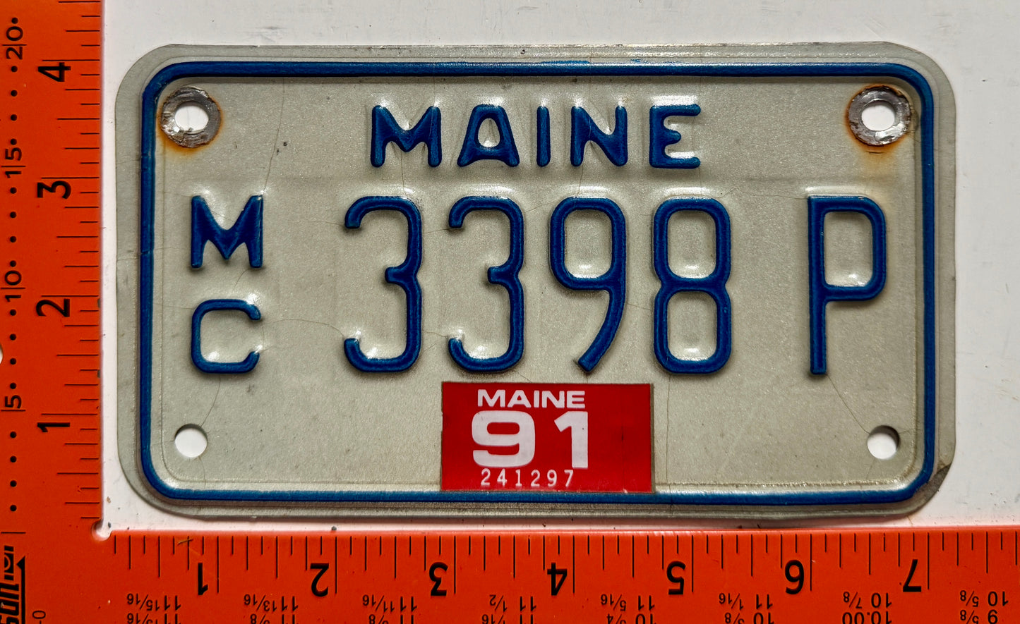 1991 Maine #3398 P Motorcycle License Plate
