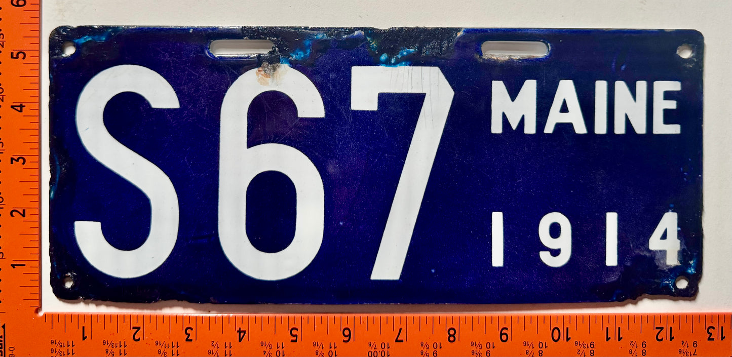 1914 Maine #S67 Special Passenger License Plate (Porcelain)