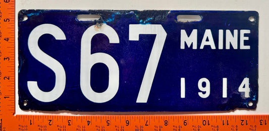 1914 Maine #S67 Special Passenger License Plate (Porcelain)