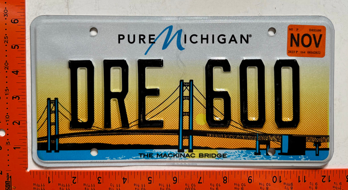 2023 Michigan #DRE 600 Passenger Mackinac Bridge License Plate