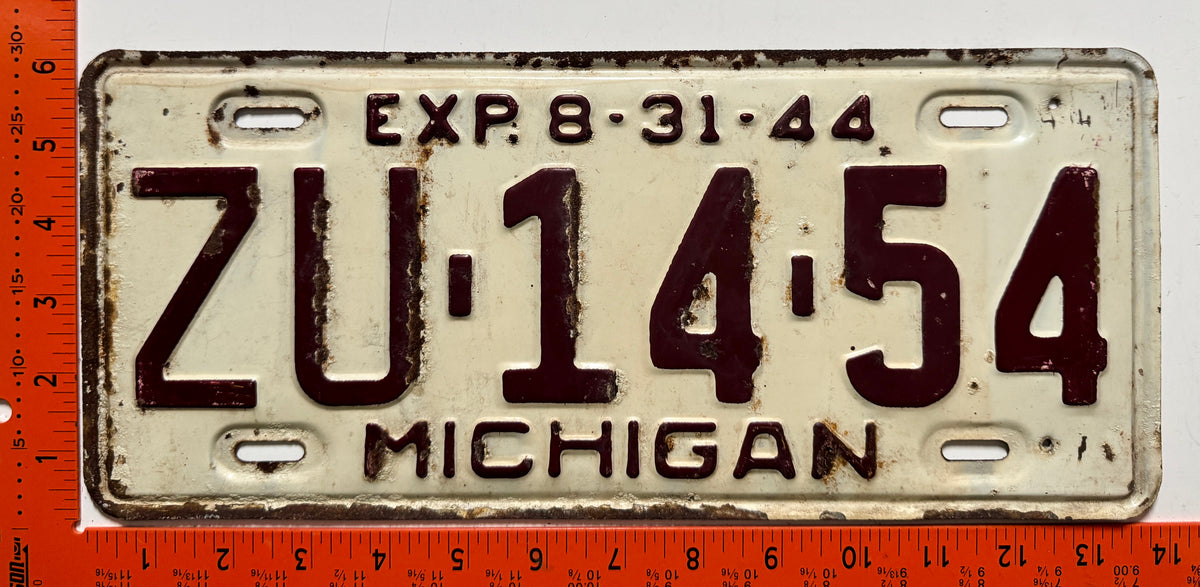 1944 Michigan #ZU-14-54 Passenger License Plate