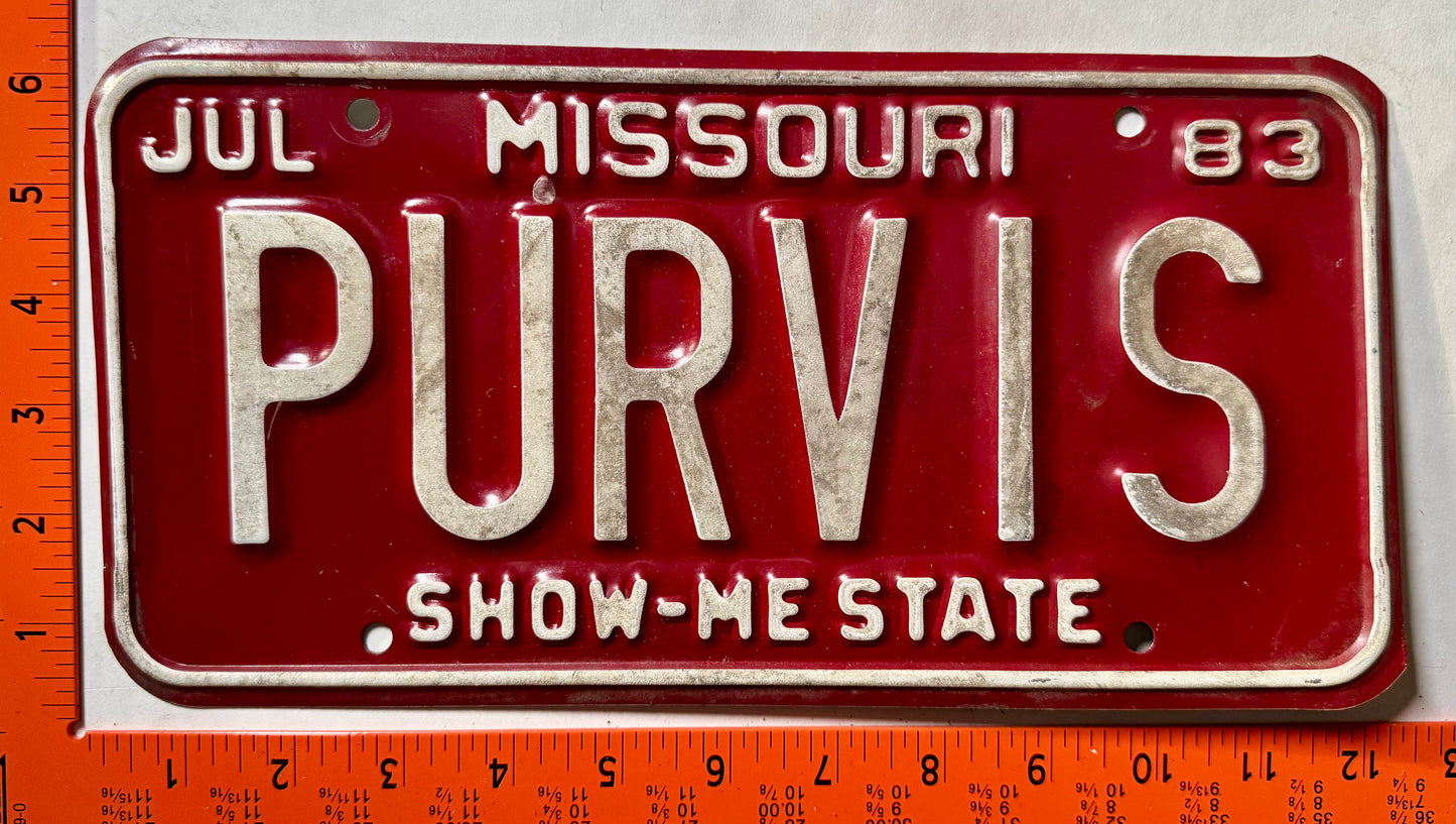 1983 Missouri #PURVIS Passenger Vanity License Plate