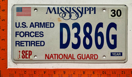 undated Mississippi #D386G Retired National Guard License Plate