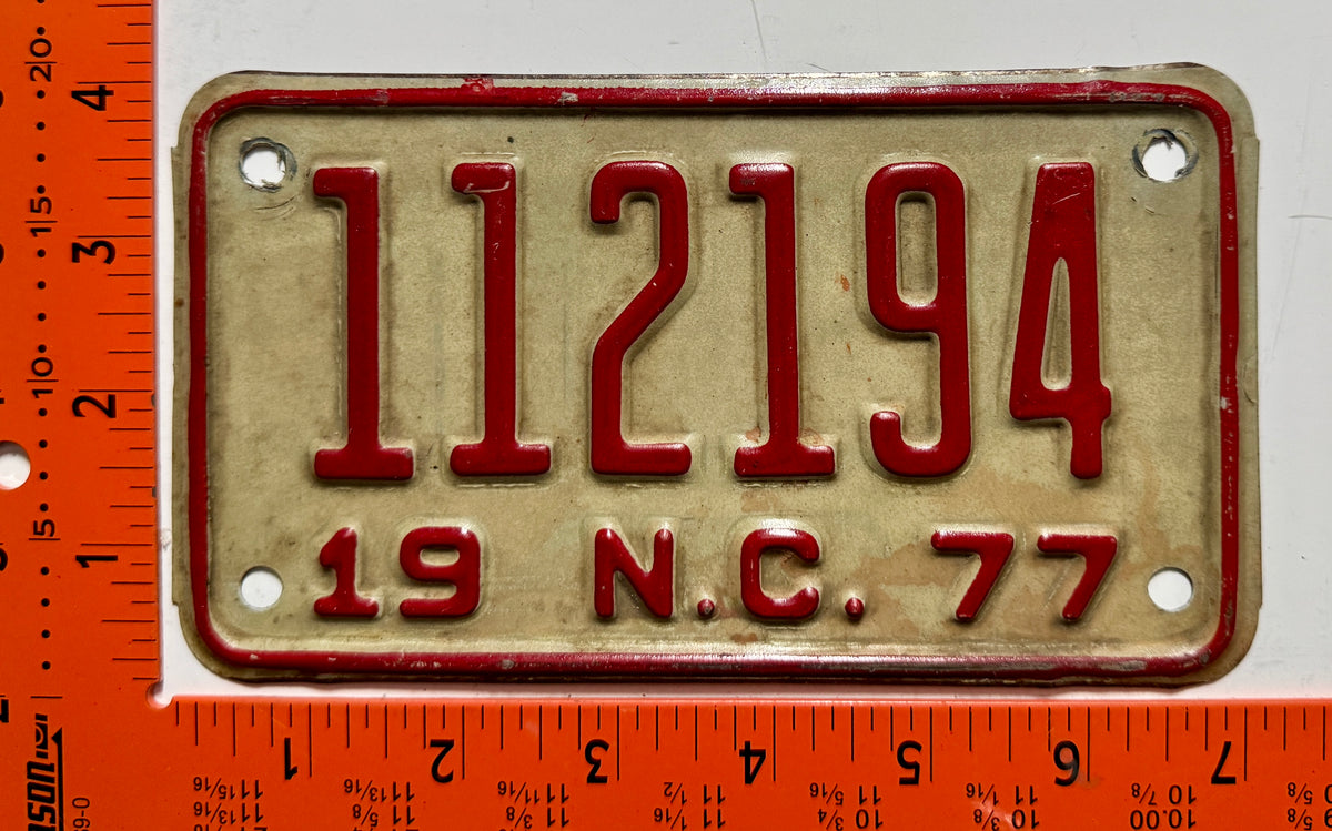 1977 North Carolina #112194 Motorcycle License Plate
