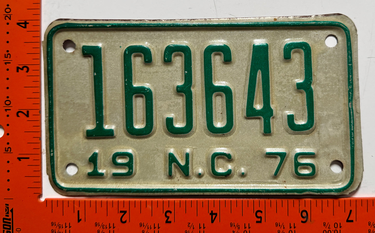 1976 North Carolina #163643 Motorcycle License Plate