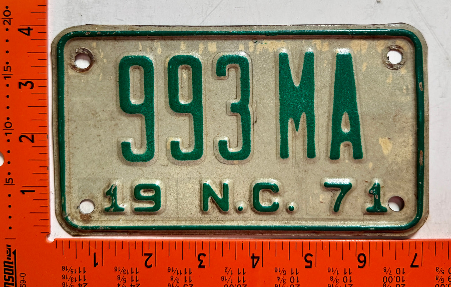 1971 North Carolina #993 MA Motorcycle License Plate