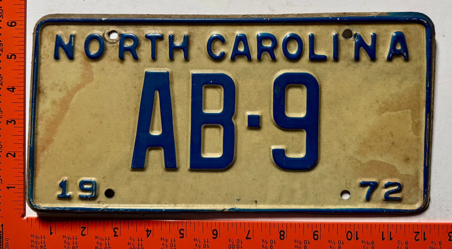 1972 North Carolina #AB-9 Passenger License Plate