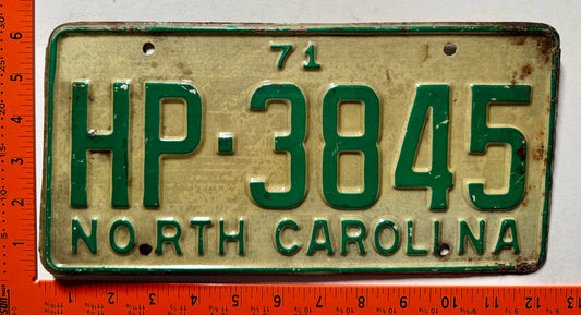 1971 North Carolina #HP-3845 Passenger License Plate