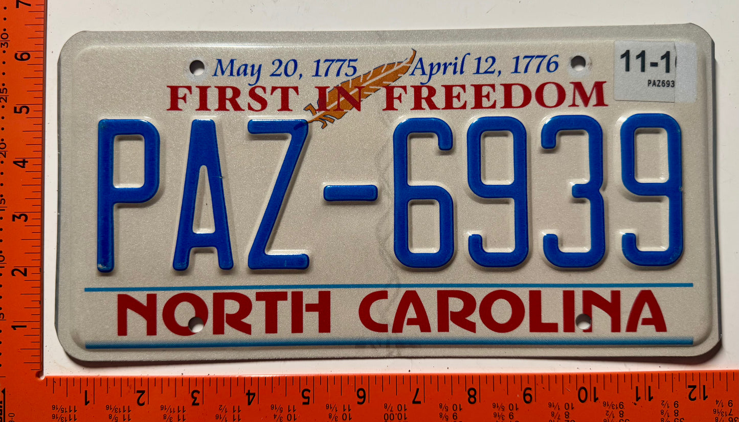 undated North Carolina #PAZ-6939 Passenger License Plate