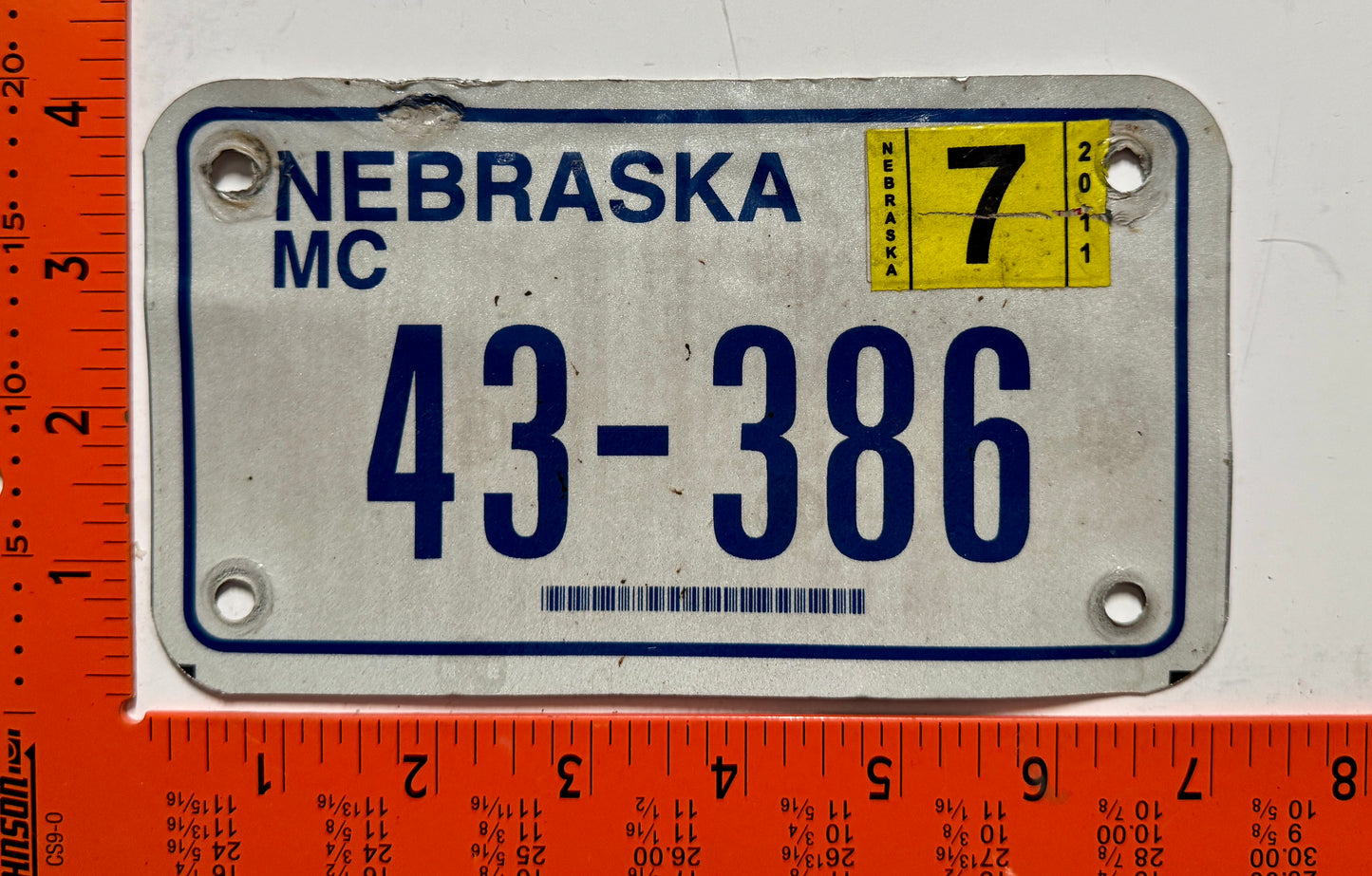 2011 Nebraska #43-386 Motorcycle License Plate