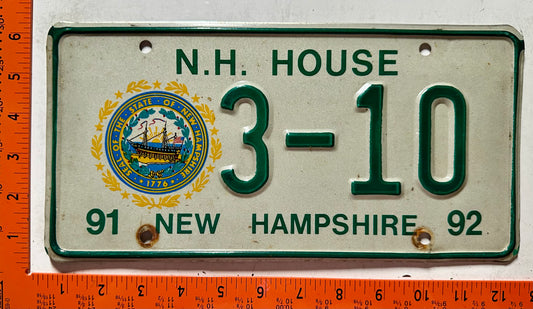 1991/1992 New Hampshire #3-10 House License Plate