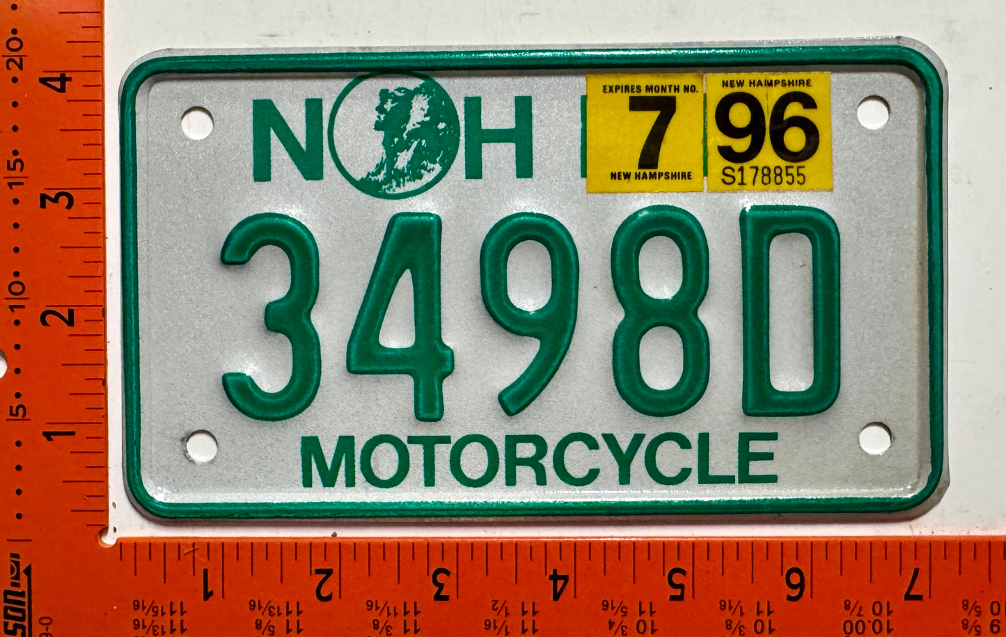 1996 New Hampshire #3498D Motorcycle License Plate