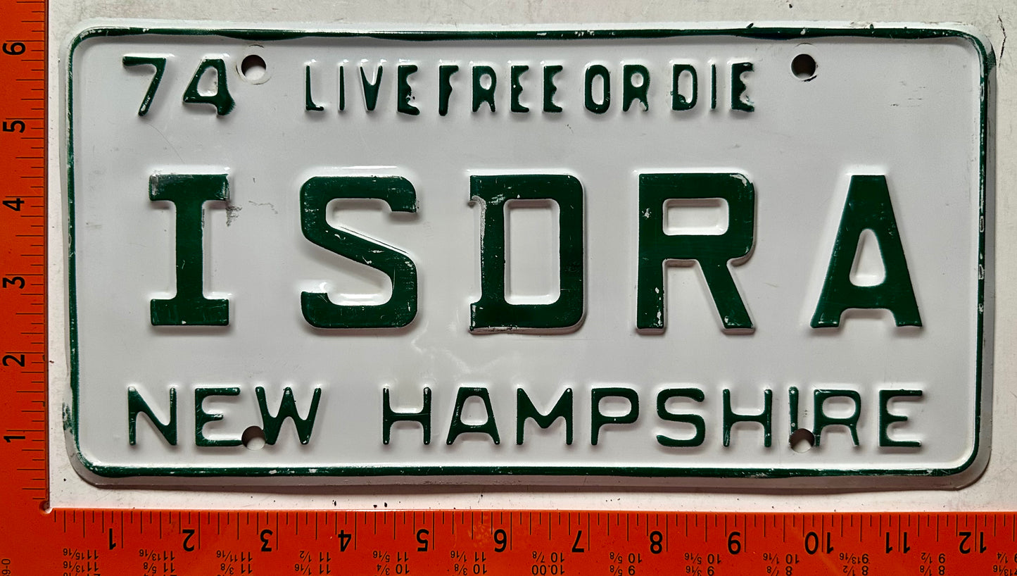 1974 New Hampshire #ISDRA Passenger Vanity License Plate
