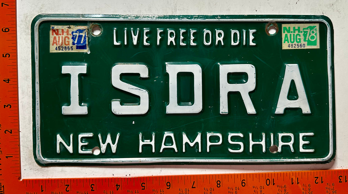 1977/1978 New Hampshire #ISDRA Passenger Vanity License Plate