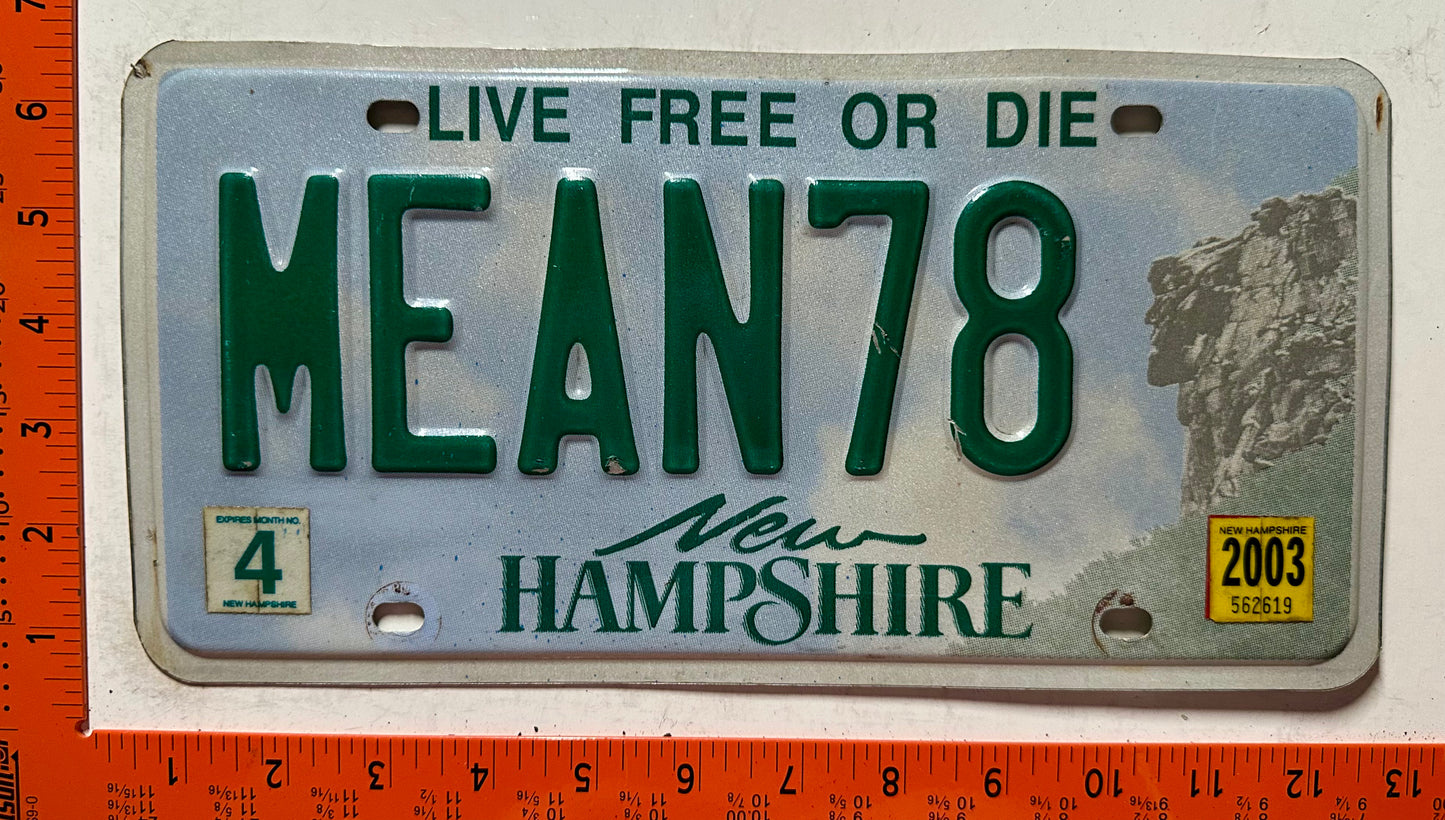 2003 New Hampshire #MEAN78 Passenger Vanity License Plate