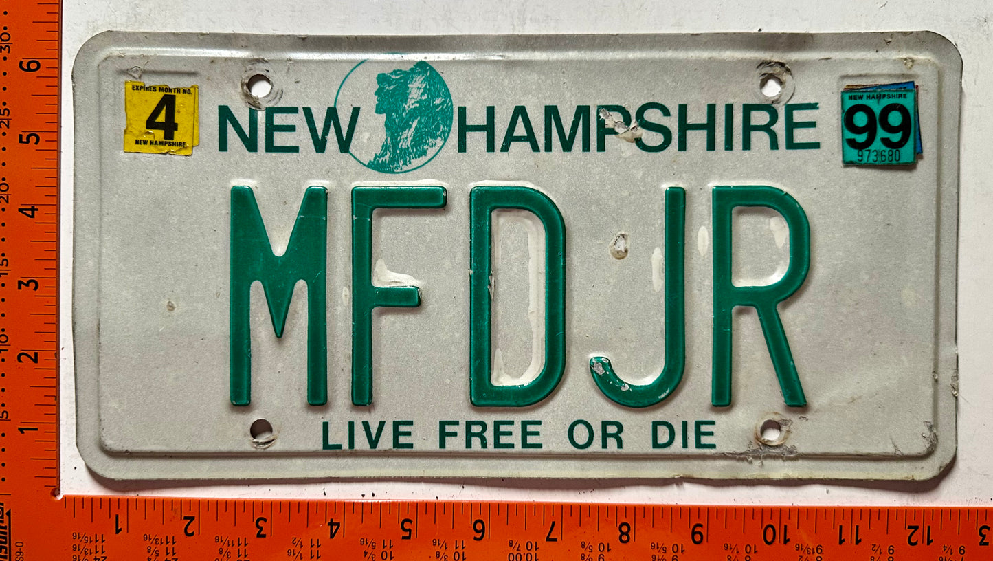 1999 New Hampshire #MFDJR Passenger Vanity License Plate
