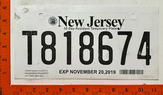 2019 New Jersey #T818674 Temporary License Plate