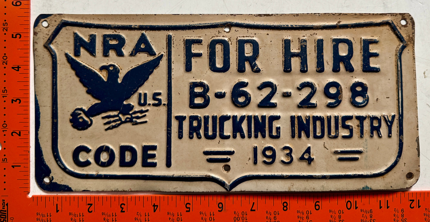 1934 NRA Code #B-62-298 Trucking License Plate