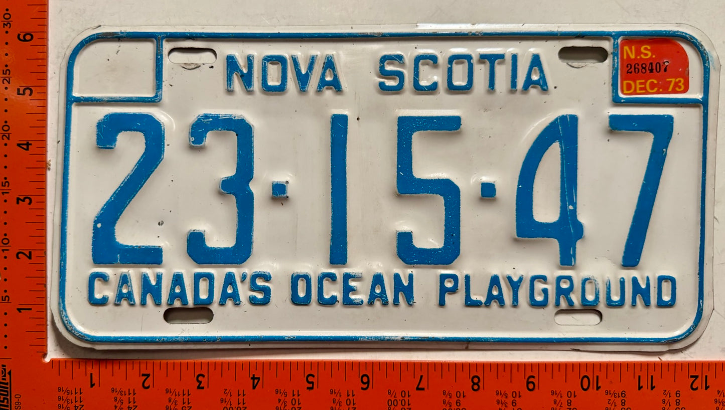 1973 Nova Scotia #23-15-47 Passenger License Plate