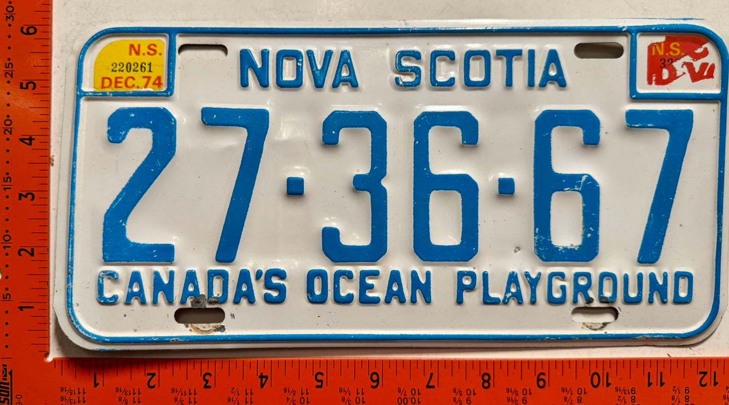 1973/1974 Nova Scotia #27-36-67 Passenger License Plate