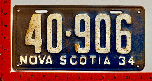 1934 Nova Scotia #40-906 Passenger License Plate