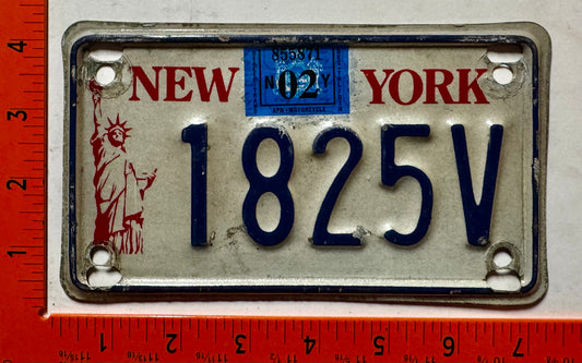 2002 New York #1825V Motorcycle License Plate