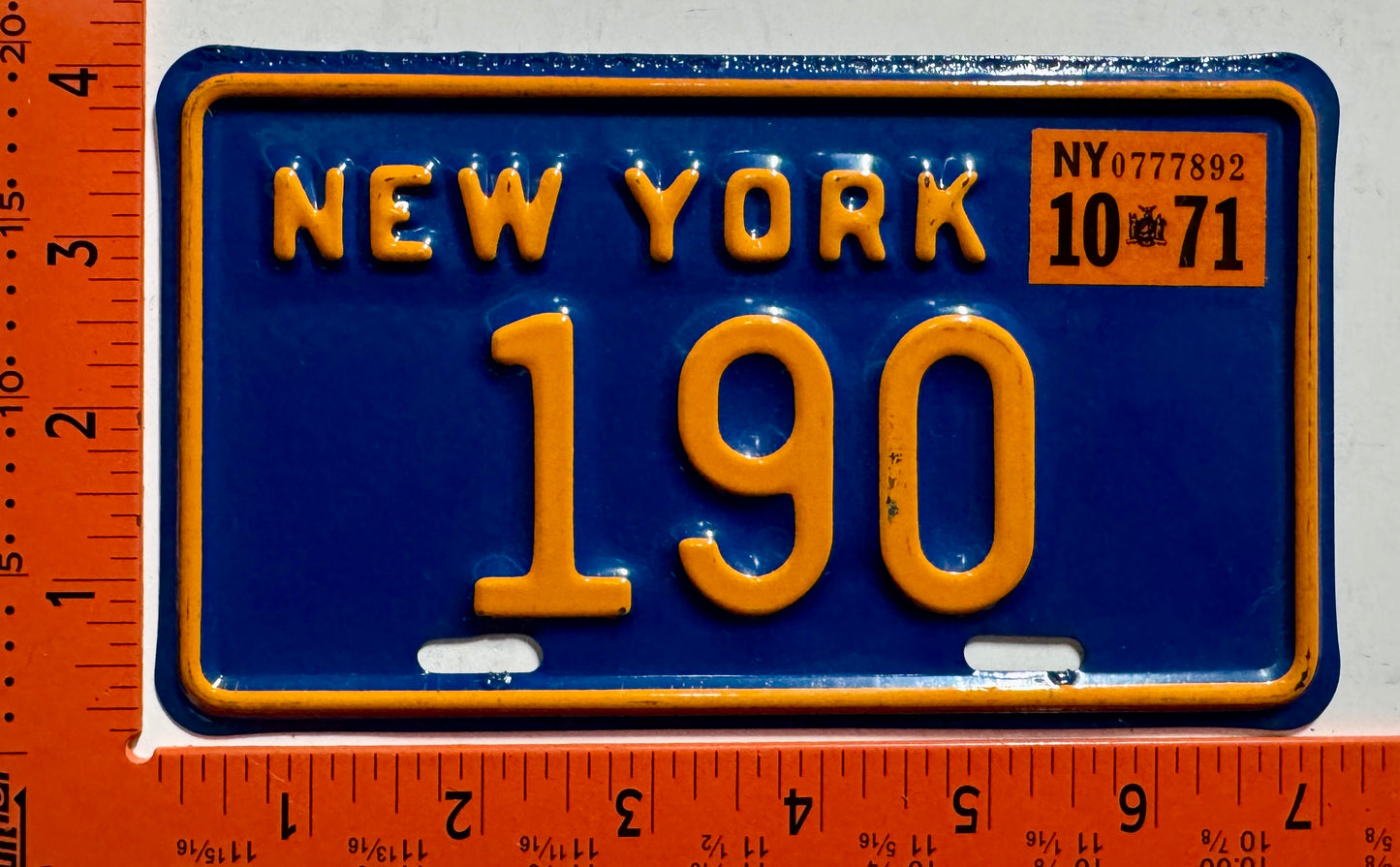 1971 New York #190 Motorcycle License Plate
