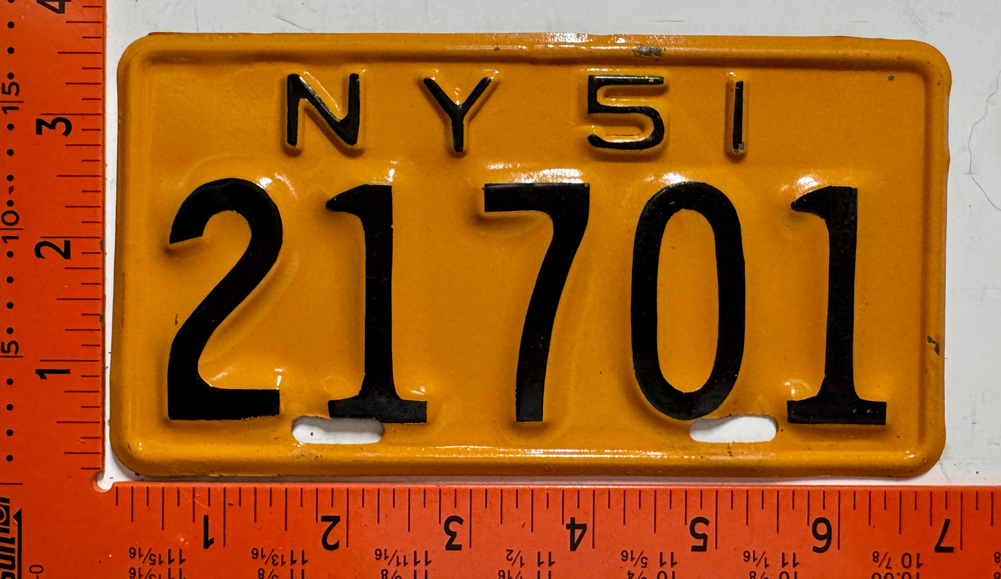 1951 New York #21701 Motorcycle License Plate (Repaint)