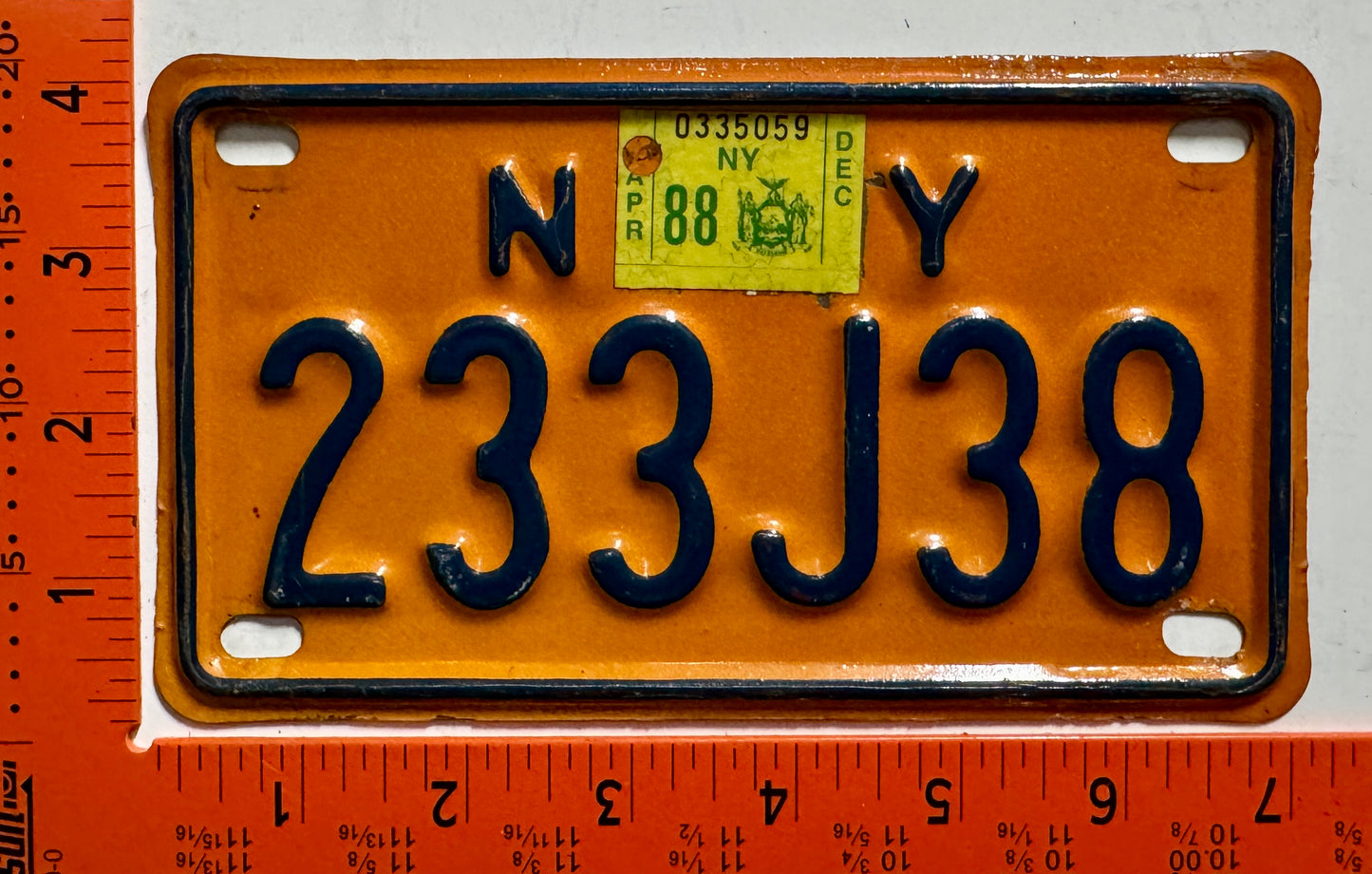 1988 New York #233J38 Motorcycle License Plate