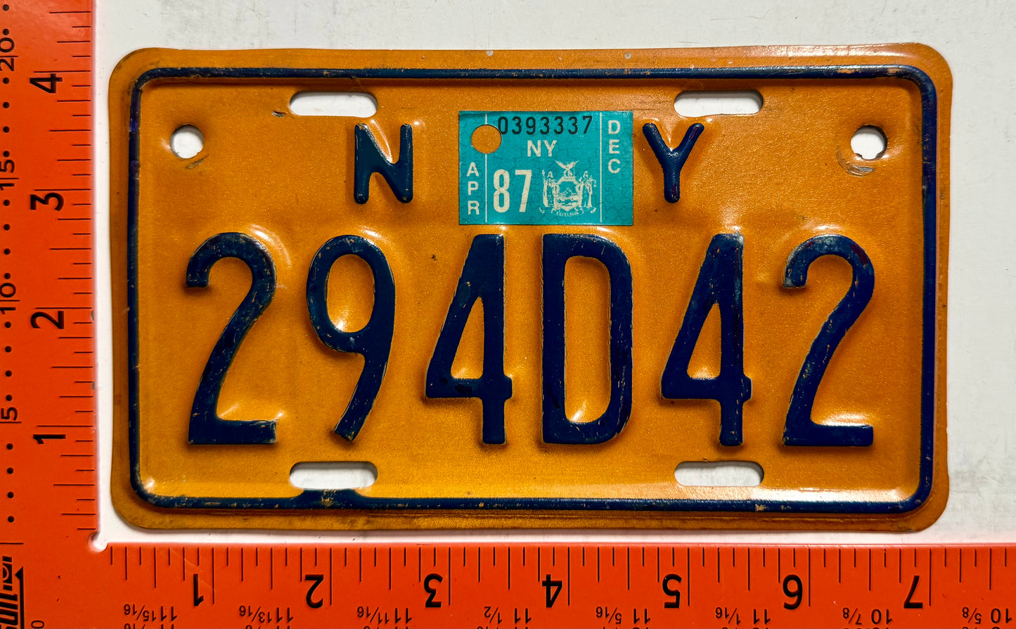 1987 New York #294D42 Motorcycle License Plate