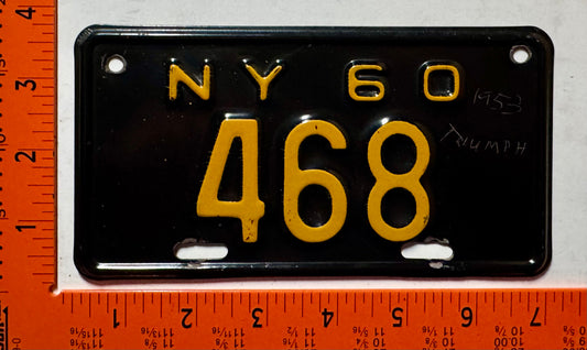1960 New York #468 Motorcycle License Plate