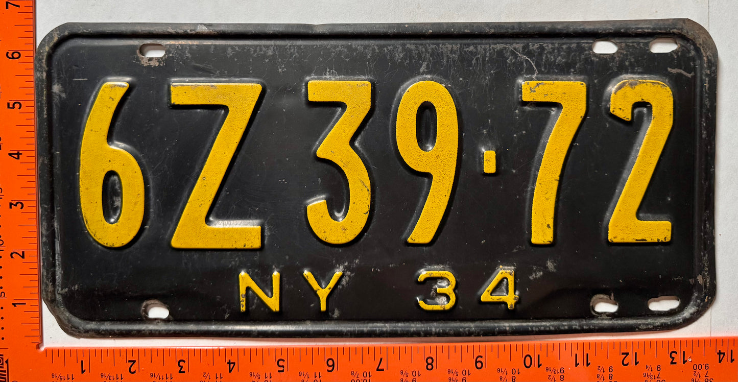 1934 New York #6Z39-72 Passenger License Plate