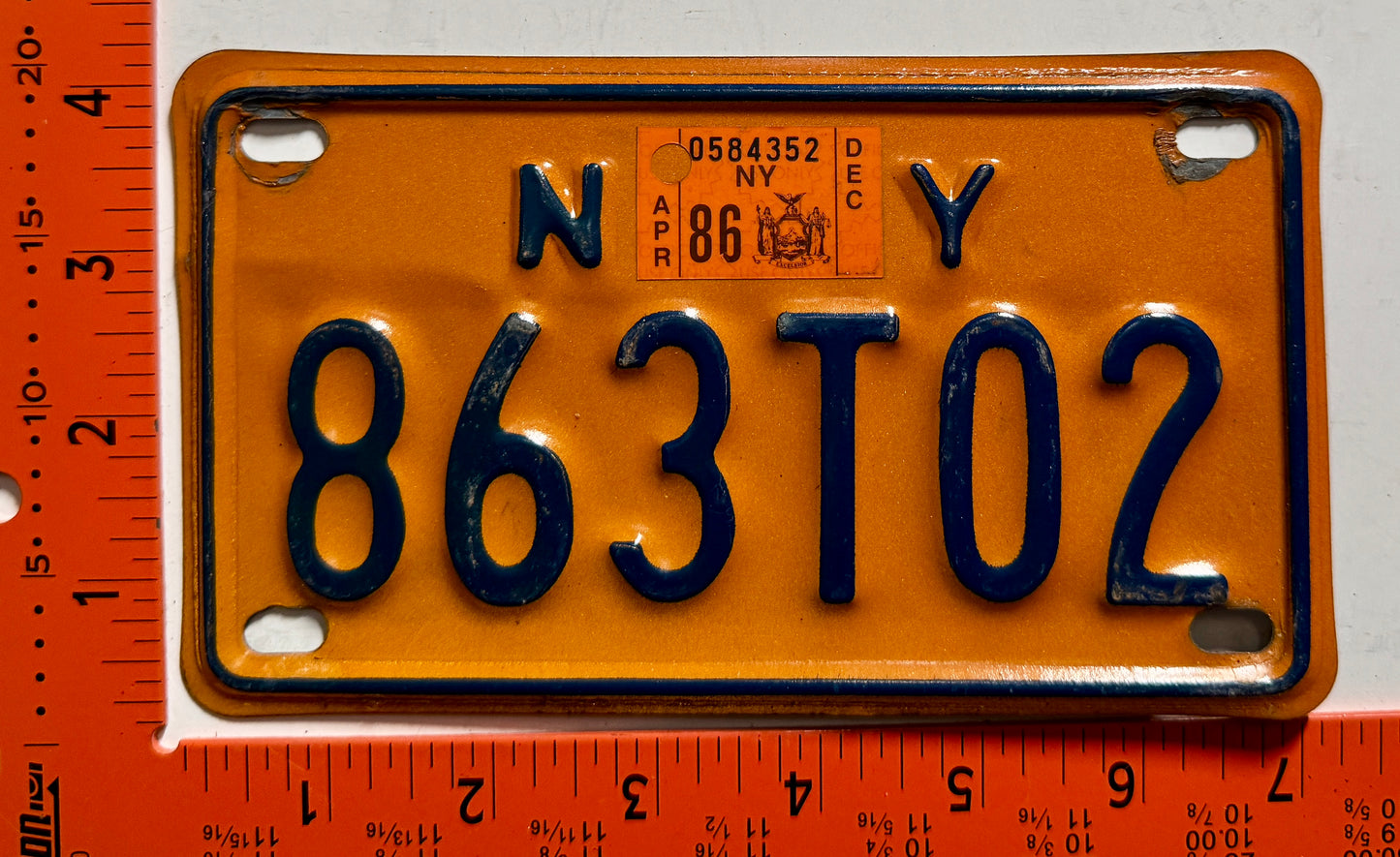 1986 New York #863T02 Motorcycle License Plate