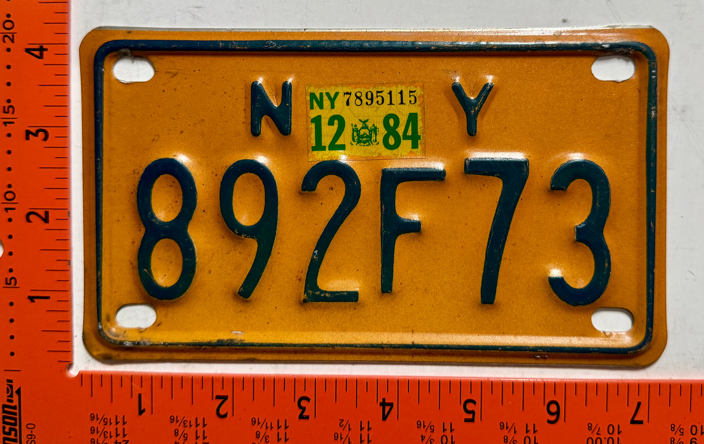 1984 New York #892F73 Motorcycle License Plate
