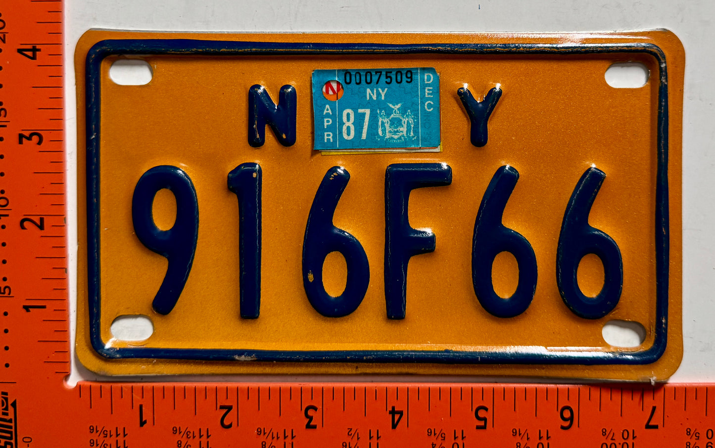 1987 New York #916F66 Motorcycle License Plate