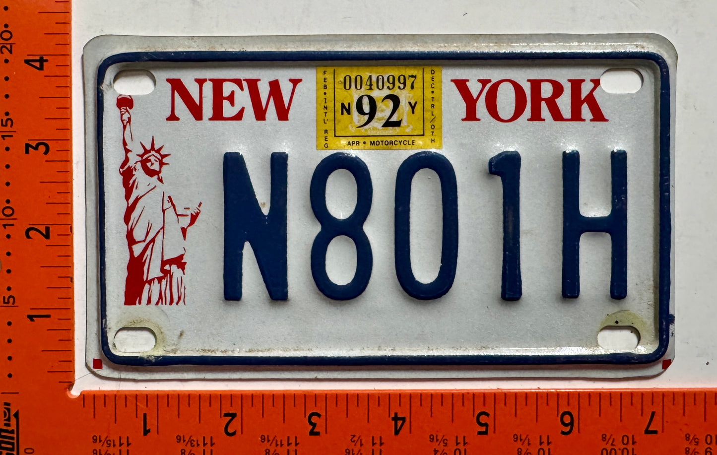 1992 New York #H801H Motorcycle License Plate