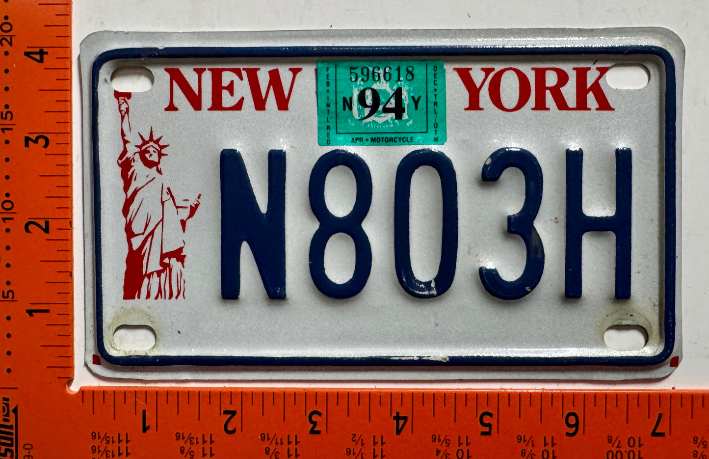 1994 New York #H803H Motorcycle License Plate