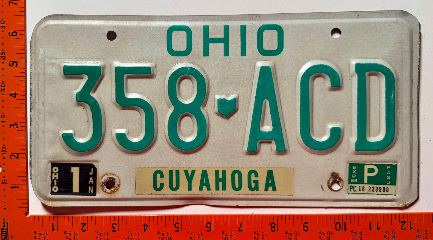 1986 Ohio #358-ACD Passenger License Plate
