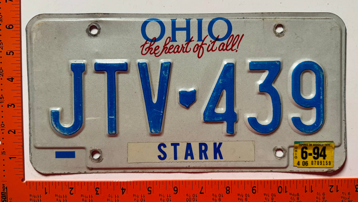 1994 Ohio #JTV-439 Passenger License Plate