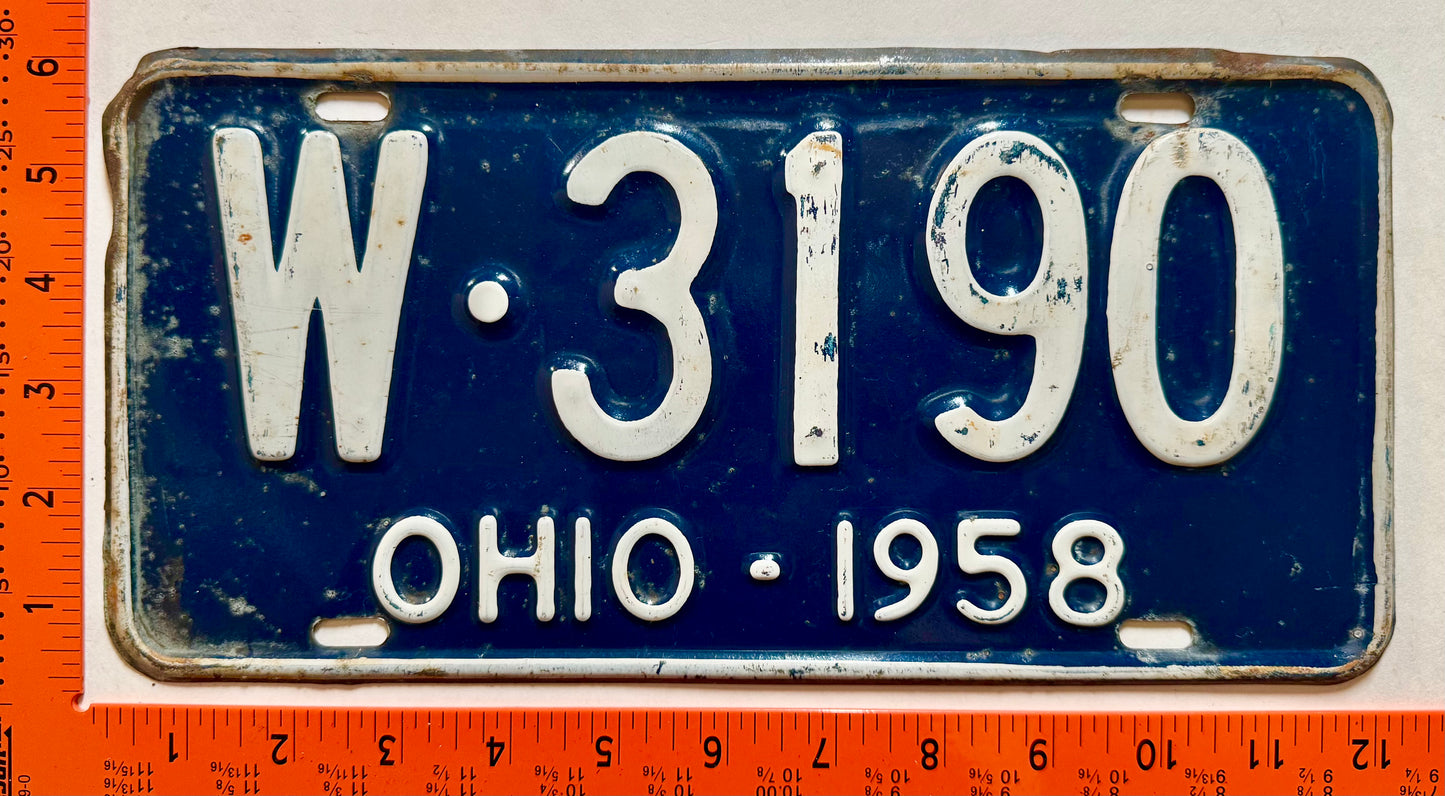1958 Ohio #W-3190 Passenger License Plate
