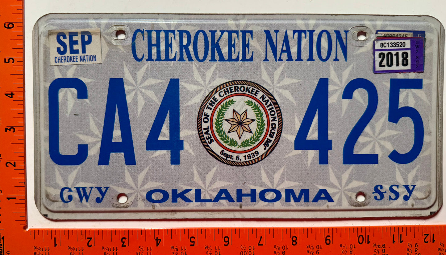 2018 Cherokee Nation, Oklahoma #CA4 425 Passenger License Plate