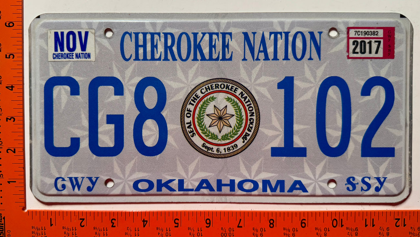 2017 Cherokee Nation, Oklahoma #CG8 102 Passenger License Plate
