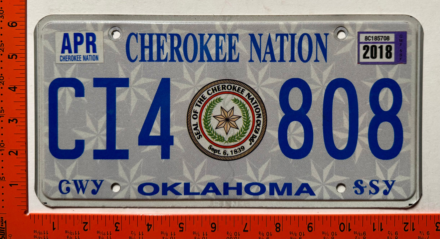 2018 Cherokee Nation, Oklahoma #CI4 808 Passenger License Plate