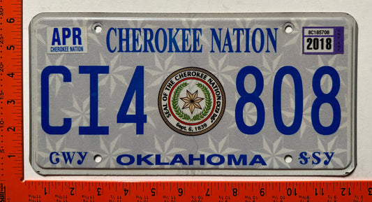 2018 Cherokee Nation, Oklahoma #CI4 808 Passenger License Plate