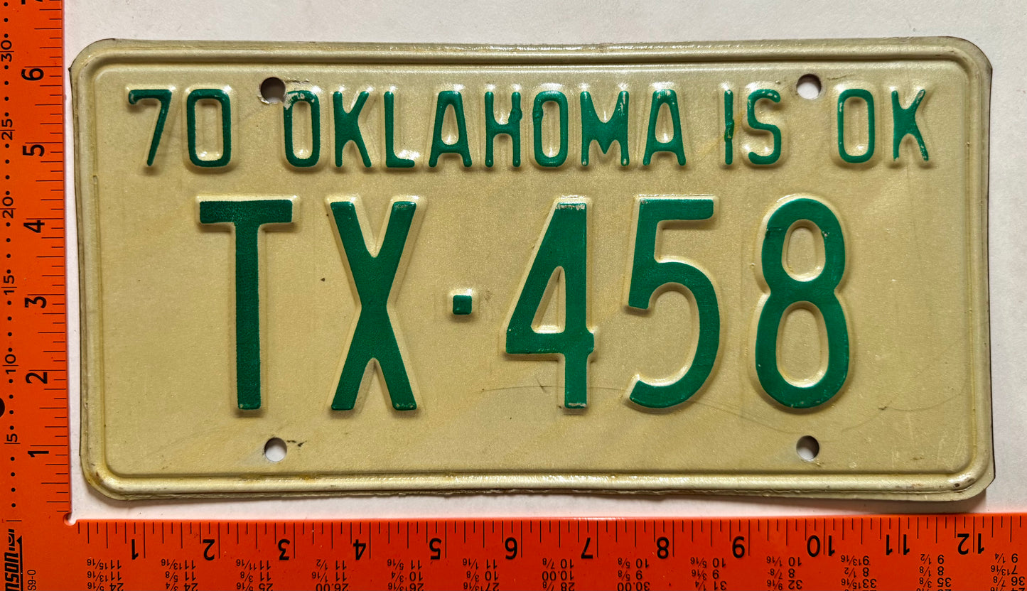 1970 Oklahoma #TX-458 Passenger License Plate