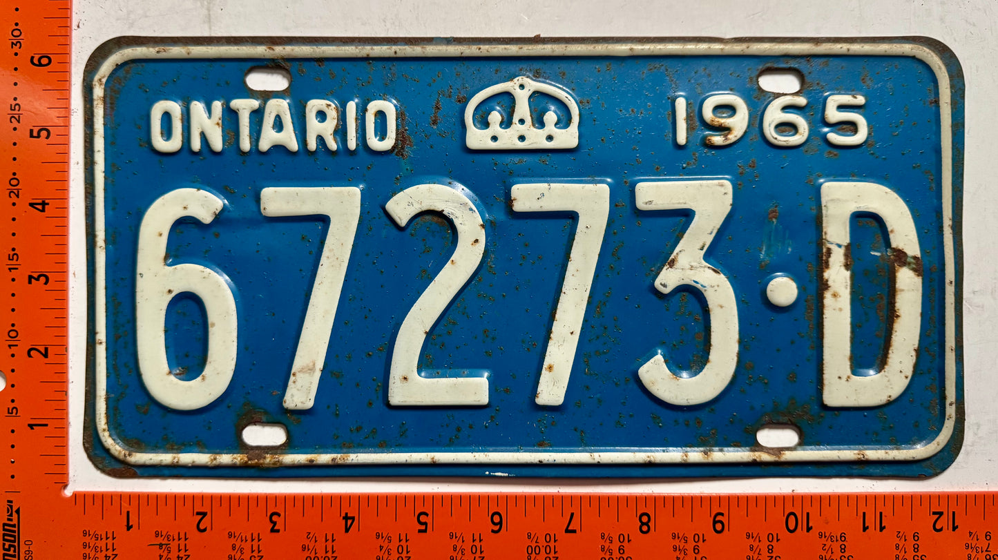 1965 Ontario #67273-D Passenger License Plate
