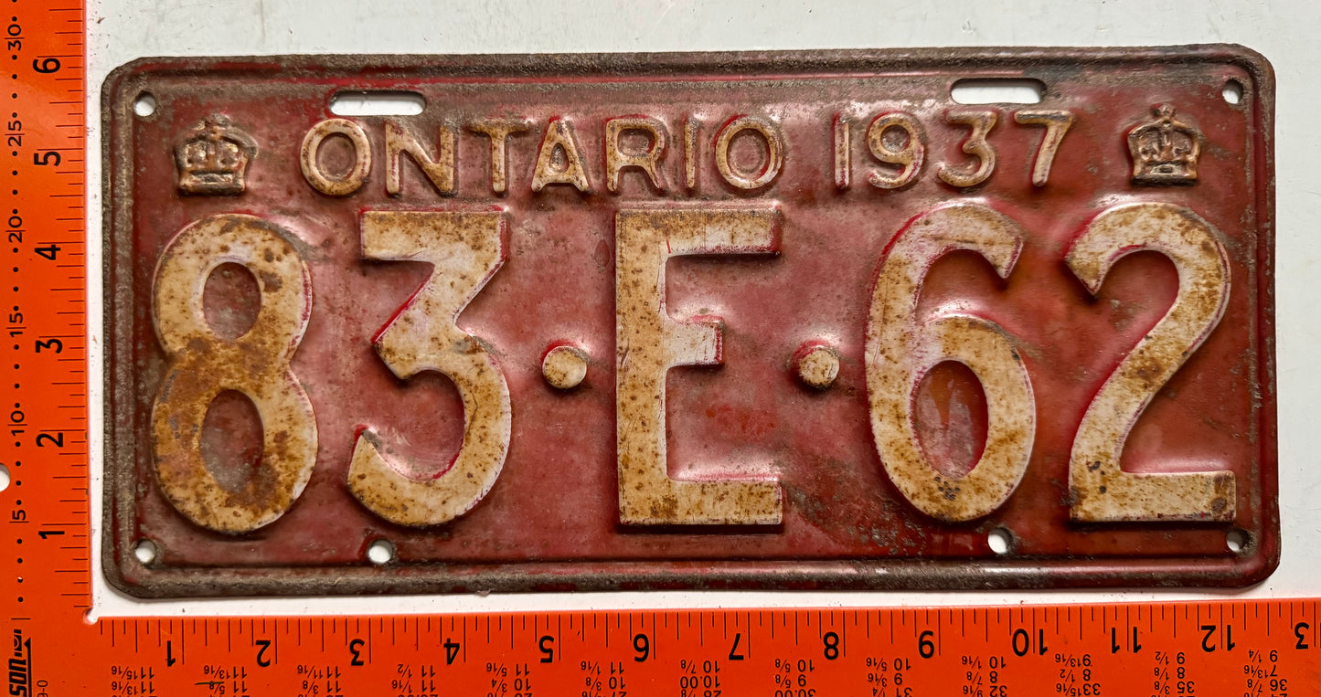 1937 Ontario #83-E-62 Passenger License Plate